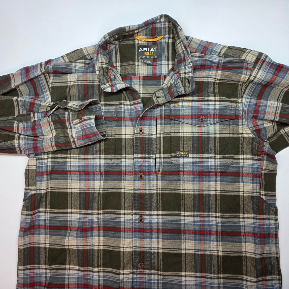 Ariat Rebar Mens Medium Plaid Flannel Work Shirt Olive Red Blue Button Down
